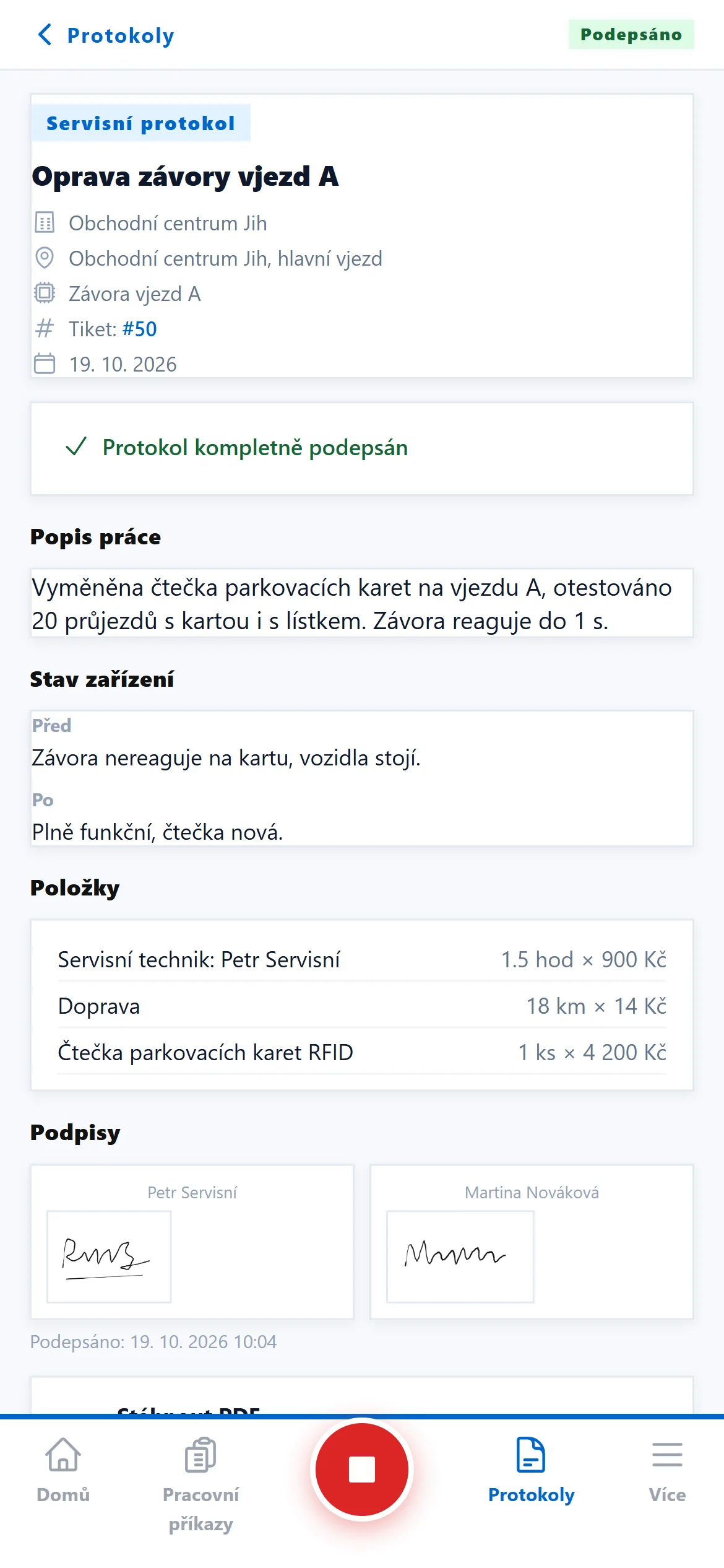 Protokol podepsaný technikem i zákazníkem