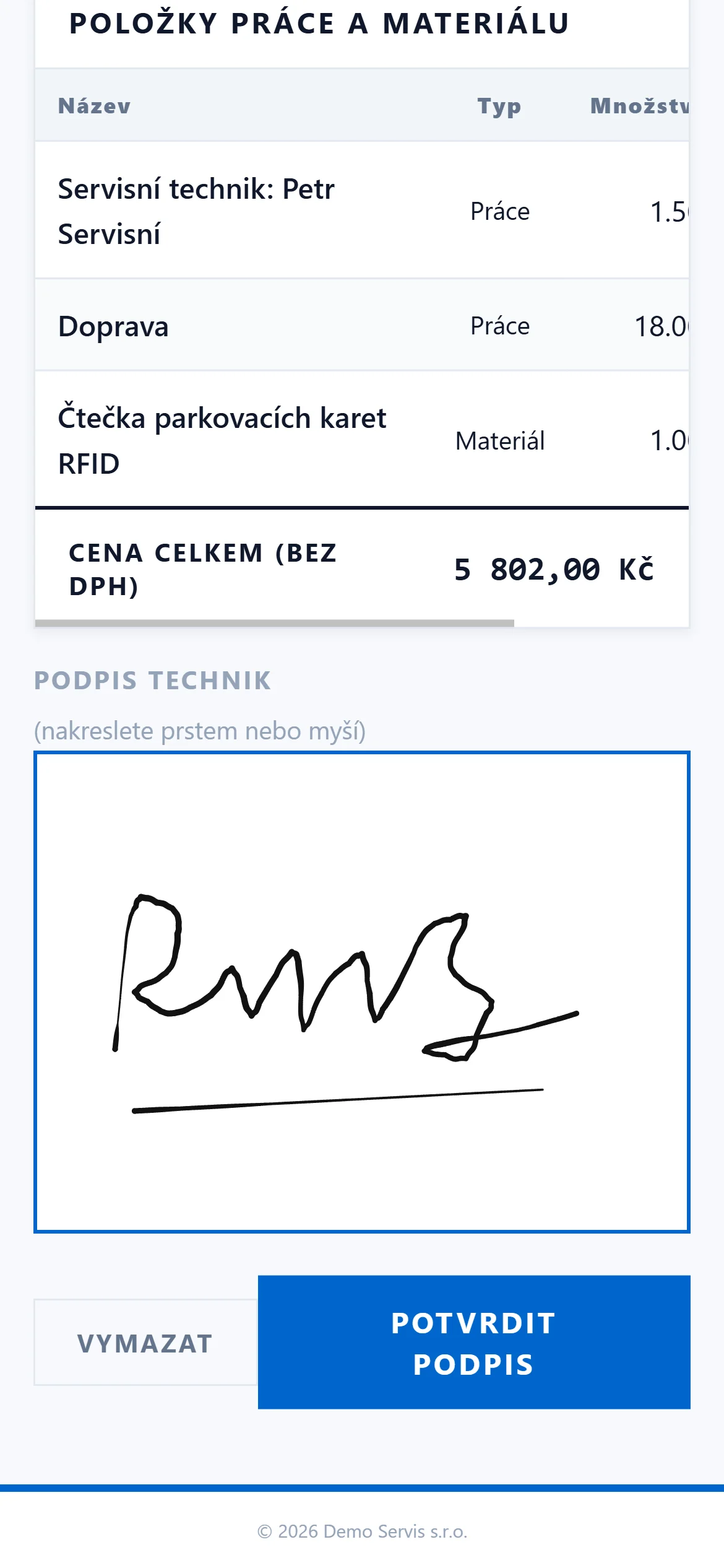 Podpis technika prstem na displeji