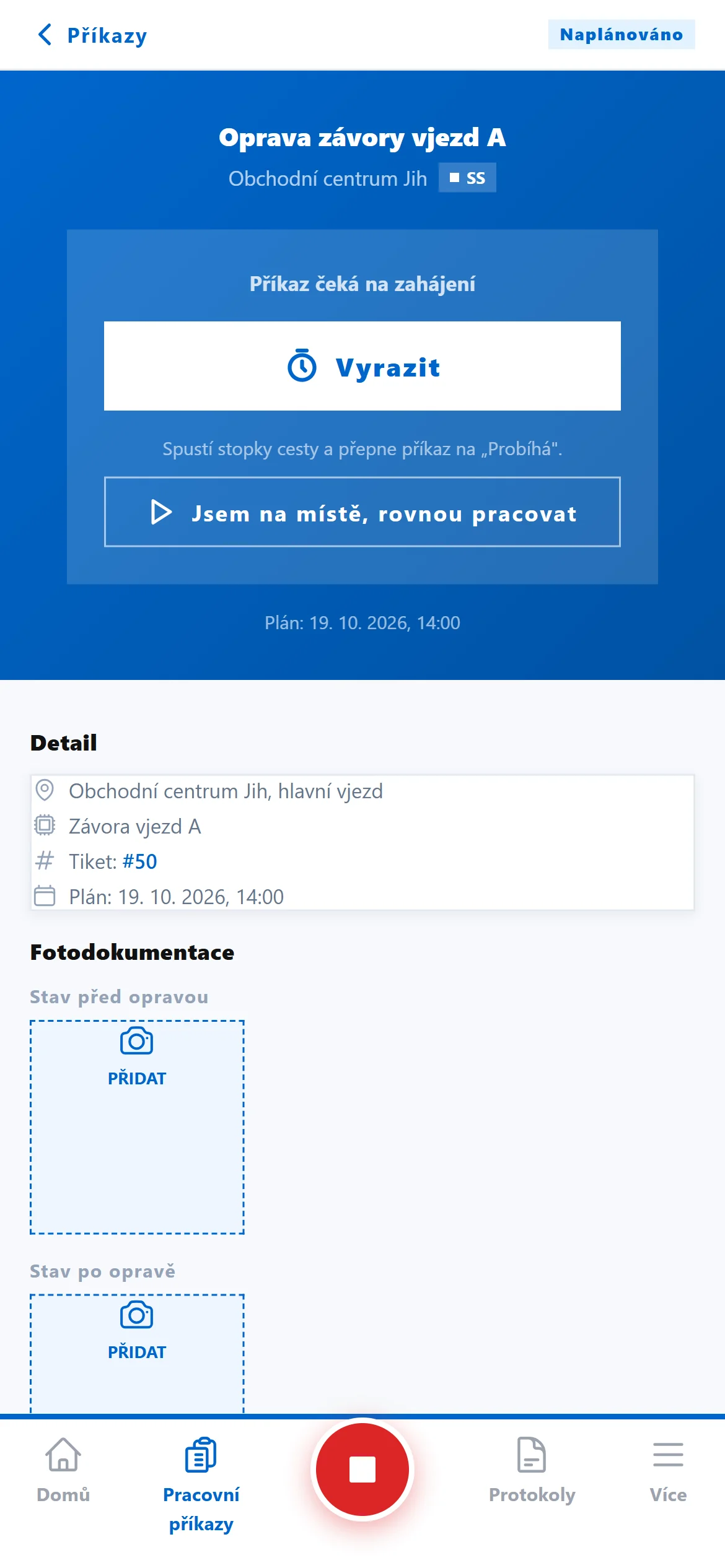 Mobilní aplikace: příkaz čeká na zahájení, tlačítko Vyrazit