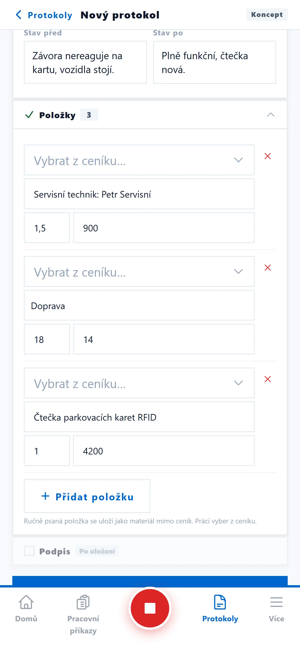 Mobilní aplikace: položky protokolu předvyplněné z času a dopravy